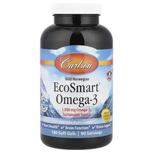 Carlson Wild Norwegian, EcoSmart® Omega-3, Natural Lemon, 180 Soft Gels