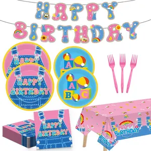 99Pcs English Teacher Birthday Party Decorations Cartoon Teacher Paper Plates and Napkins Girls Happy Birthday Banner Tablecloth Disposable Tableware Set for Cartoon Classroom Supplies Party Serves 24