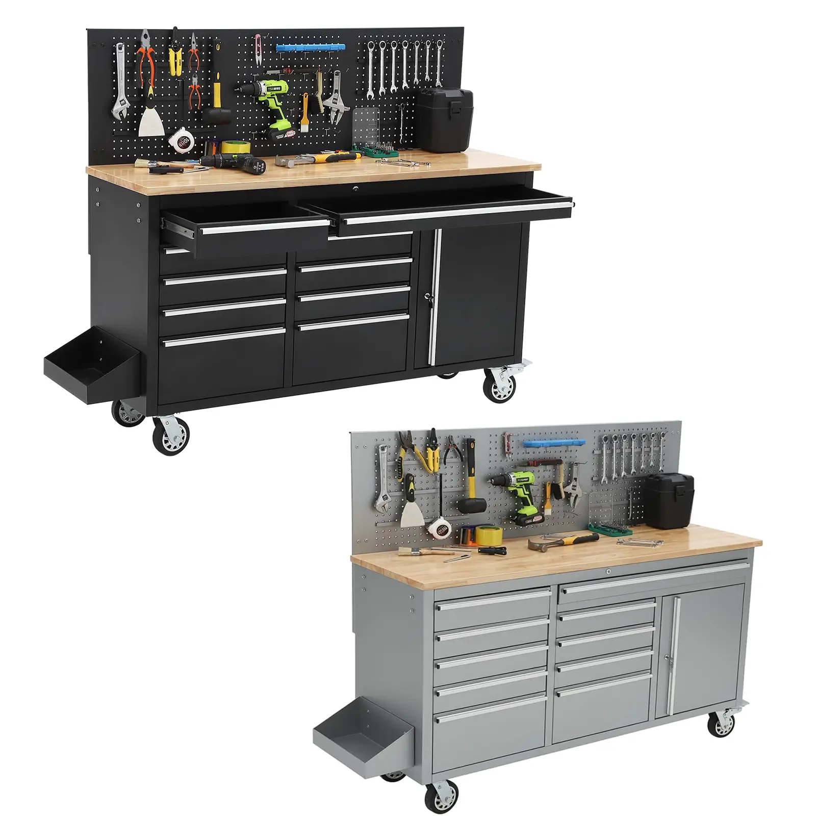 Garvee Upgraded 61-Inch Rolling Tool Chest Workbench, 10 Drawer Mobile Storage Cabinet, Sturdy Rubber Wood Top, Built-in Power Strip, Lockable Steel Structure, 1675 lbs Capacity, on Wheels, Heavy Organizer for Garage, Workshop