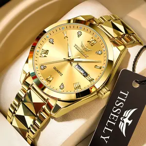 Gold Watches for Men Diamond Business Dress Analog Quartz Stainless Steel Waterproof Luminous Date Tone Luxury Casual Wrist Watch