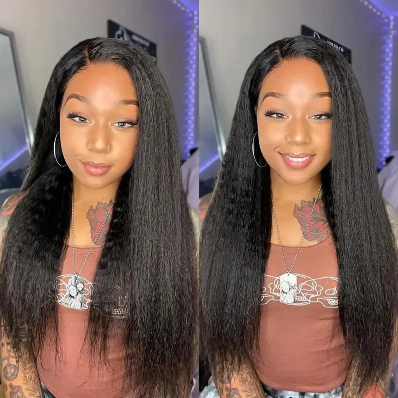 MENGLLE Yaki Straight 13x4 Lace Front Wig Human Hair 200% Density Natural Wig Glueless Ready to Wear with Pre-Cut Transparent Lace Closure Wig