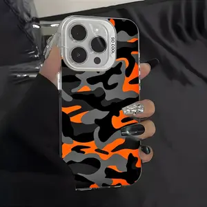 Trendy Black Orange Camo Clear Phone Case Compatible with iPhone 17 16 15 14 13 12 11 SE High Impact Resistant Cover