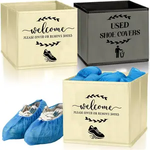 2 Pcs Shoe Cover Boxes Dispenser Foldable Storage Bins, Used Shoe Covers and Welcome Please or Remove Sign Entryway Basket Holder for Open House Supplies(Dark Gray, Beige)