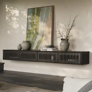 95" Black Floating TV Stand, Modern Minimalist, Four Cabinets, Fully-Assembled, Perfect for 85-inch TVs