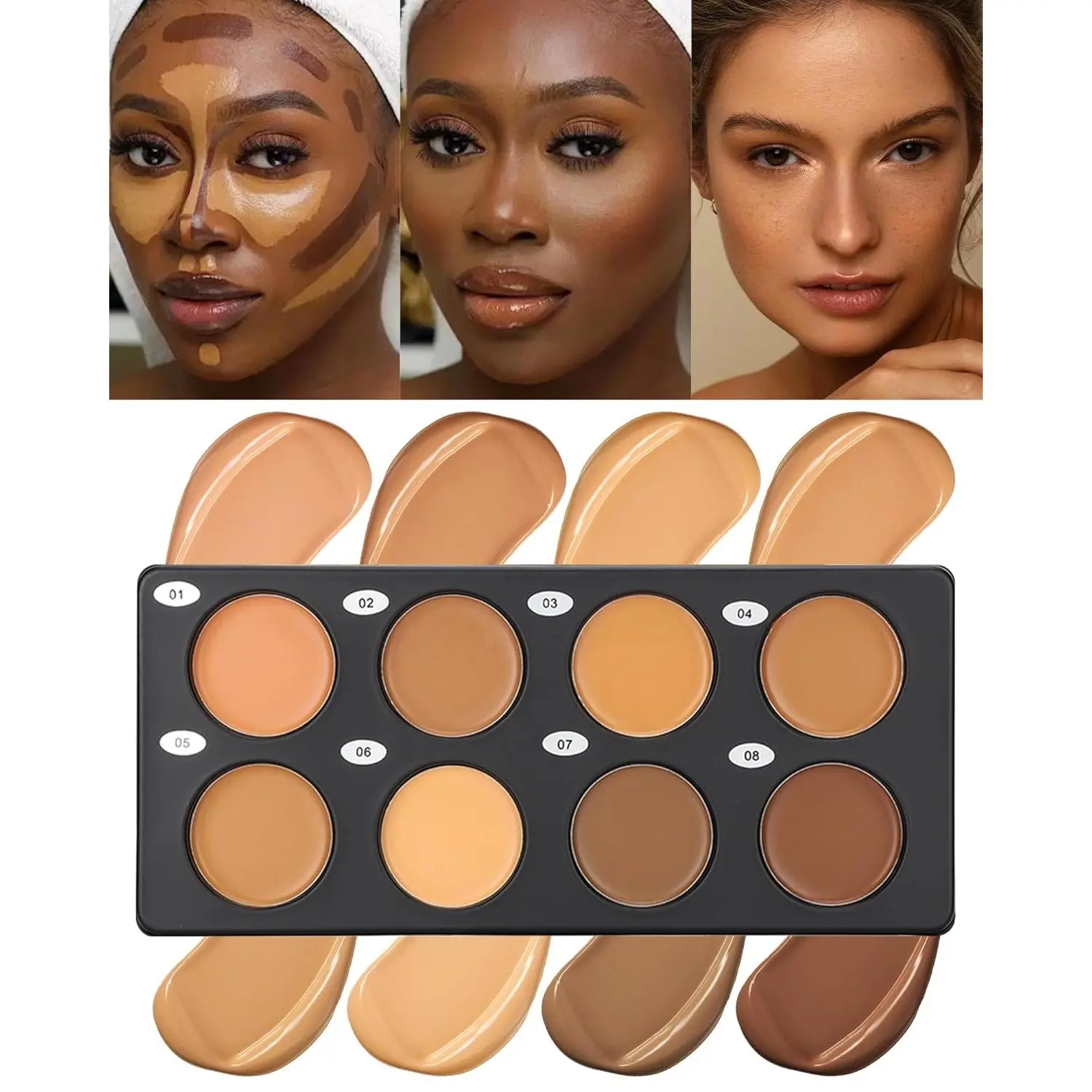 Black Women's Full Coverage Cream Contour & Bronzer Palette - 8-Shade Concealer & Foundation Kit, 0.84 oz, Blendable, Long-Lasting, Waterproof, Creaseless, Brightening, Smooth, Lightweight Makeup for Acne, Dark Circles, Partying