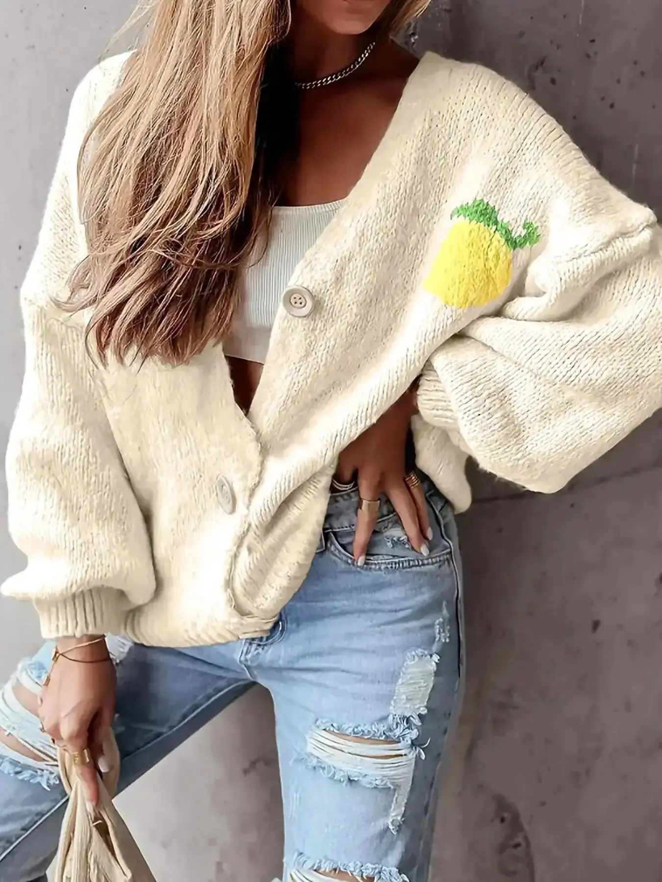 Autumn Winter New V Neck Button Knit Cardigan, Unique Design Lemon Pattern Soft Long Sleeve Sweater Top, Women's Fashion Outerwear Knitwear capsule wardrobe contemporary street style elevated basics