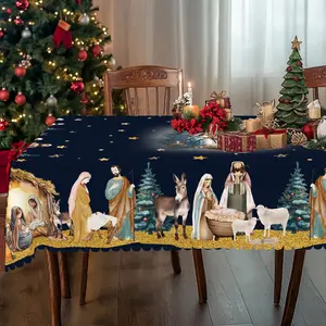 PLUMLIK Christmas Themed Tablecloth with Jesus' Birth Scene, Christmas Decor 2025, Christmas Party Decoration for Indoor Outdoor, Navy Blue Round Rectangular Table Decoration Cloth, Holiday Party Table Cover, Home Festive Decor, Christmas Gifts
