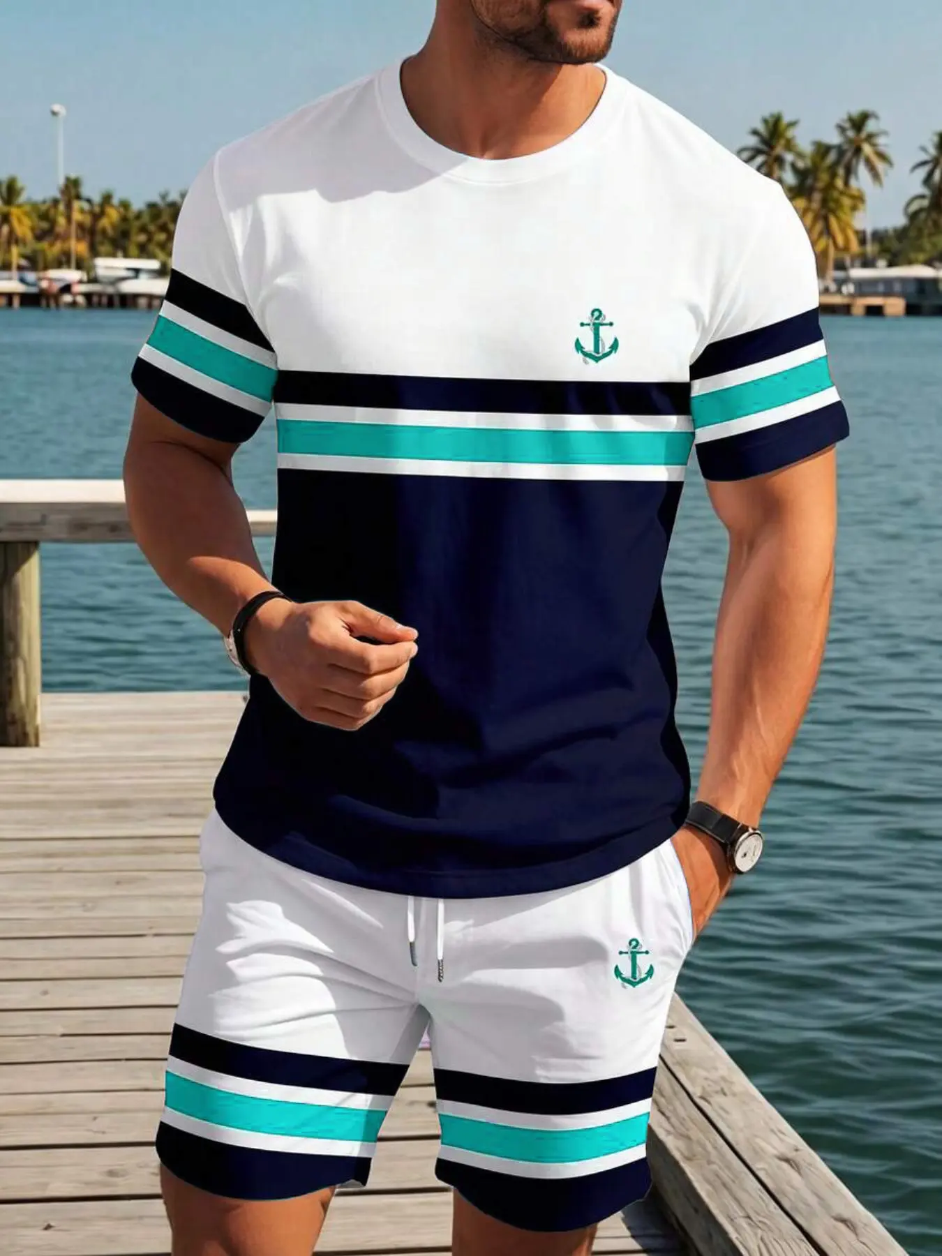 Summer Men's Nautical Style Tropical Colorblock Striped Fitted Casual Menswear Set, Round Neck Short Sleeve T-Shirt + Drawstring Shorts, Two-Piece Sports Clothes, Casual Tees Set Combination Set