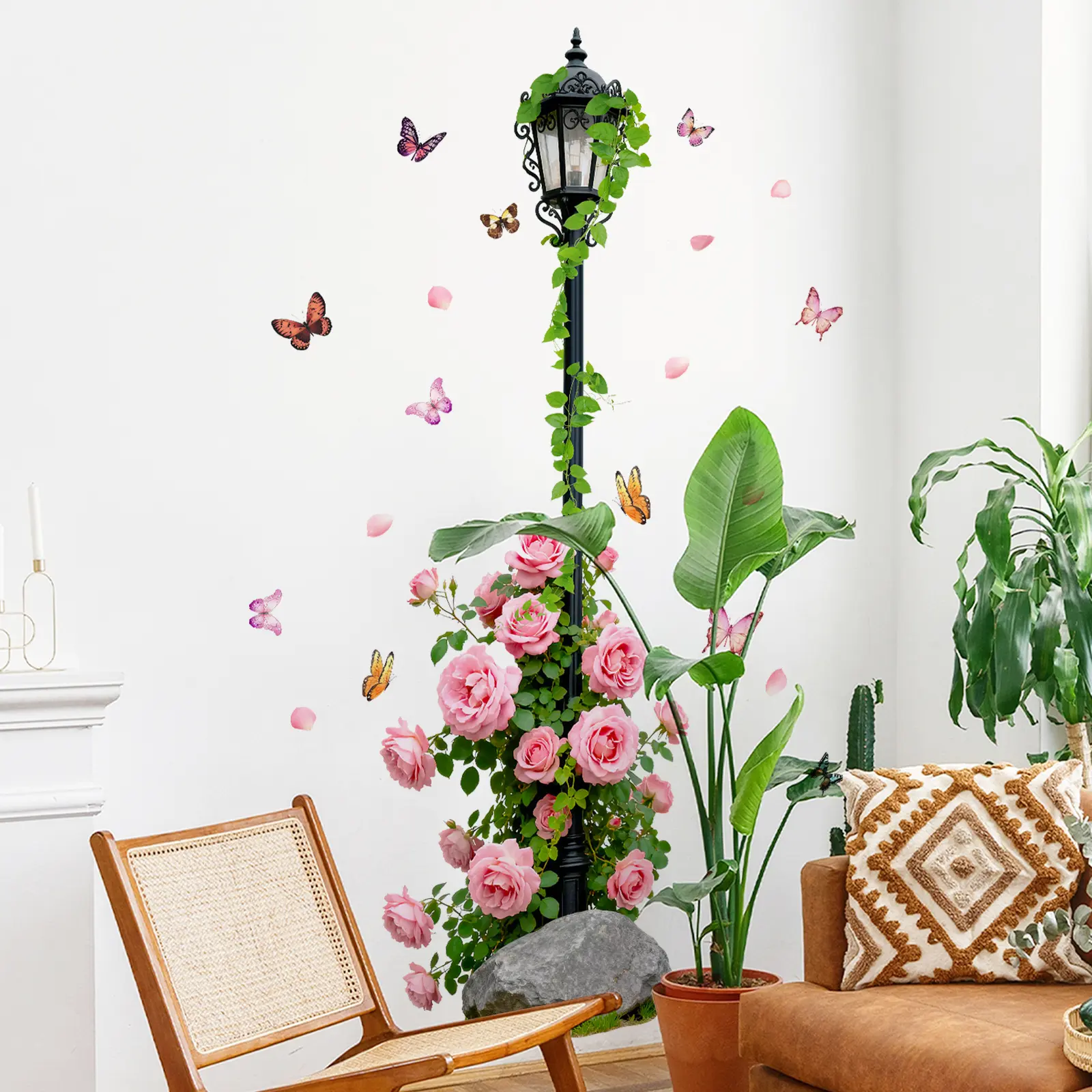A set (30*90cm*2pcs) of 2D pink rose flower, street lamp, butterfly spring and summer art flat Decorative Stickers wall stickers for home background decoration and beautification Wall Decal (M16658)