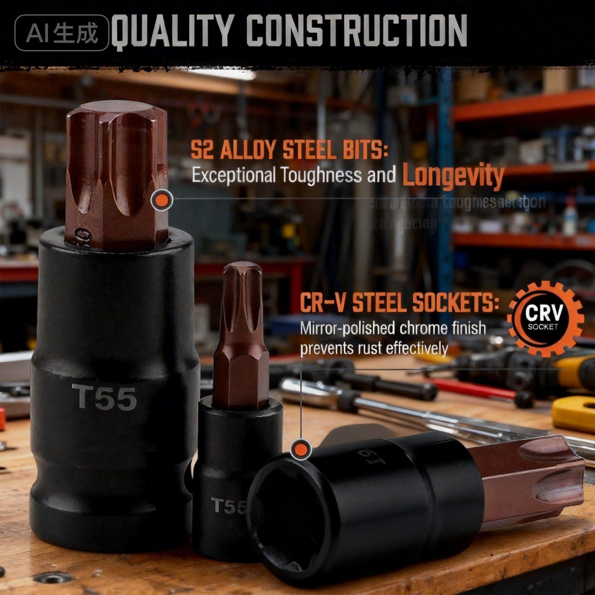 31-Piece Torx Bit Socket and External Torx Socket Set，E-Type Sockets, Torx Sockets, External Torx (T30, T40, T50), Internal Torx (E8, E10, E12, E14), and Torx Bits