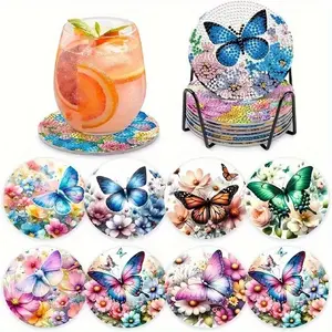 8 Piece Diamond Art Coasters Set with Stand + Cork Pads, DIY Series Diamond Art Coasters, Perfect Gift for Adults & Beginners