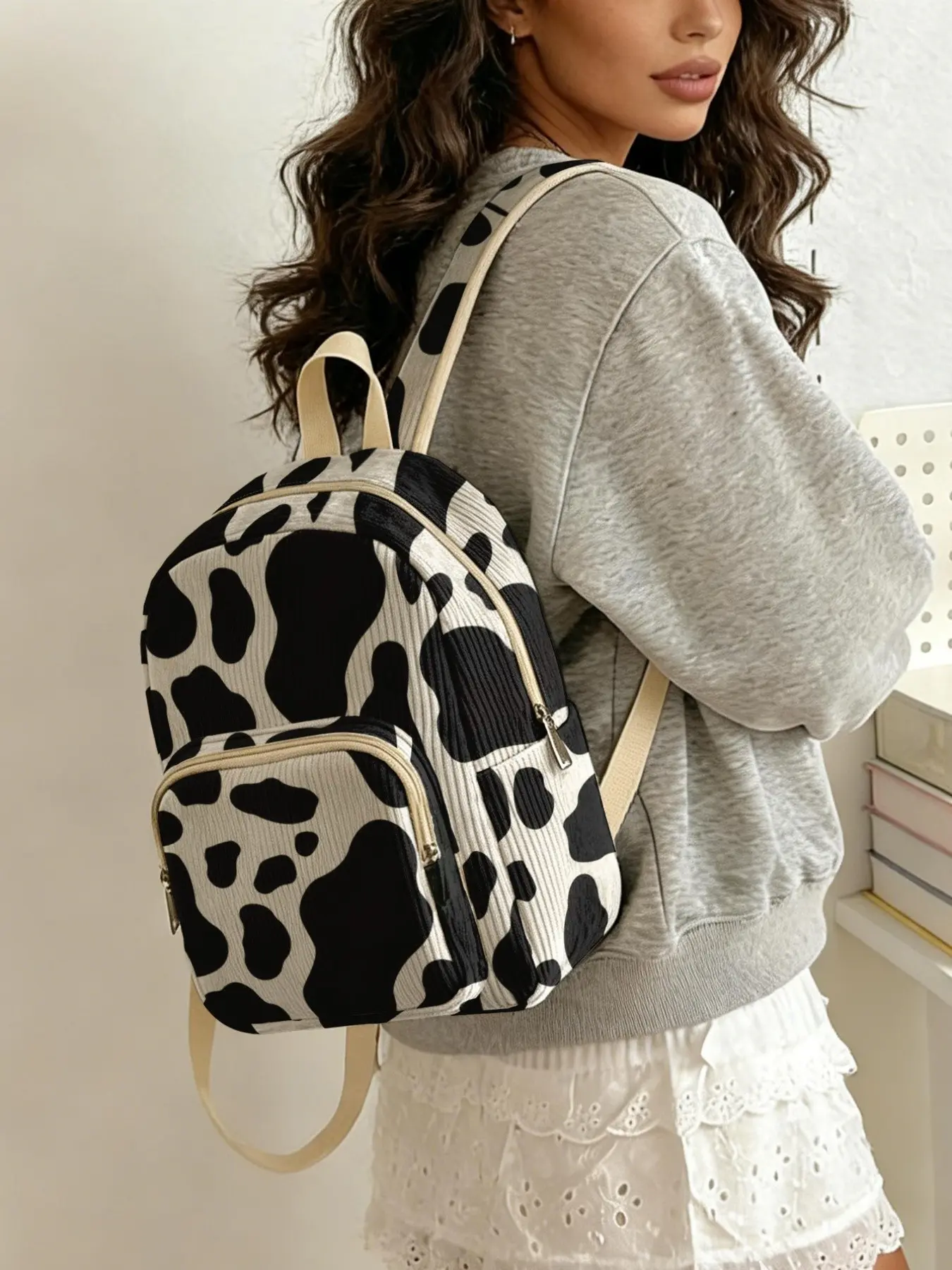 Women's Cow Pattern Backpack, Casual Printed Backpack, Casual Style, Lightweight & Durable Design, Perfect for Daily Use, School, Travel, Shopping, Cow Print Backpack