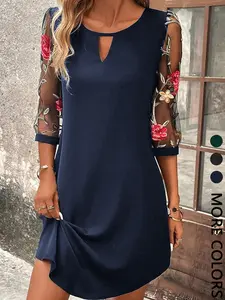 Women's Casual Elegant Floral Embroidered Half Sleeve Hollow Out Neck Dress, Perfect for Spring Summer, Stylish and Comfortable