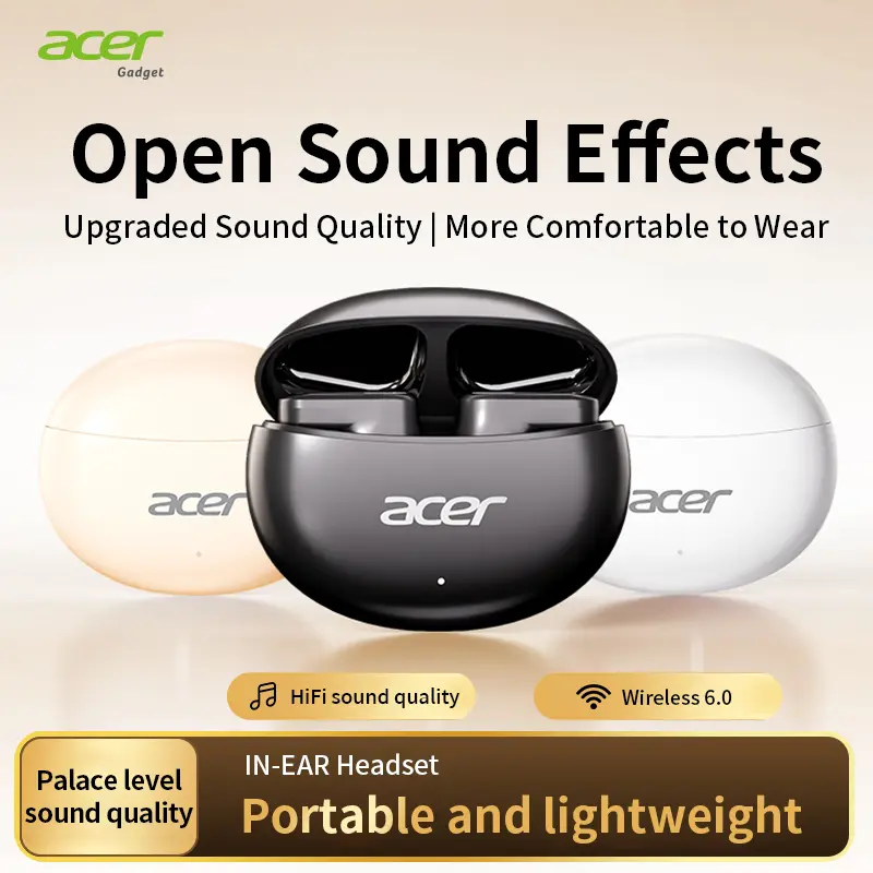 Acer OHR627 Short-Stem Wireless Earbuds, 3D Surround Sound, Bluetooth 5.4 with ENC Noise Cancelling, Audio-Video Sync, Pure Vocal Mode, Long Standby, Type-C Fast Charging, Comfort Fit