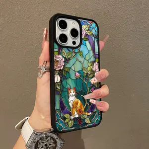 Trendy Magnetic Case for iPhone11/12/13/14/15/16/17/promax Stained Glass Cat And Flowers MagSafe Ready, Ultra Thin & Shockproof | Cute Pick for Girls