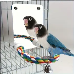 Interactive Parrot Mirror Toy with Chewable Rope Perch - Bird Play Station, Suitable for Cage
