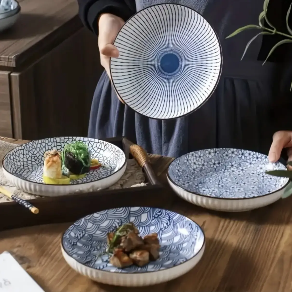 4pcs home ceramic dinner plates, Nordic-style steak plates, Japanese Yamada-style 8-inch deep plates, personalized non-slip edges, underglaze colored round plates Dishwasher Safe Tableware