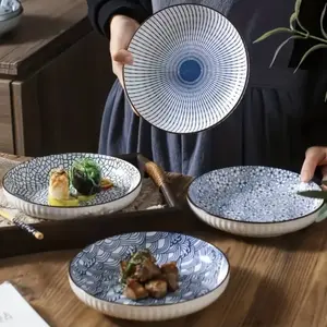 4pcs home ceramic dinner plates, Nordic-style steak plates, Japanese Yamada-style 8-inch deep plates, personalized non-slip edges, underglaze colored round plates