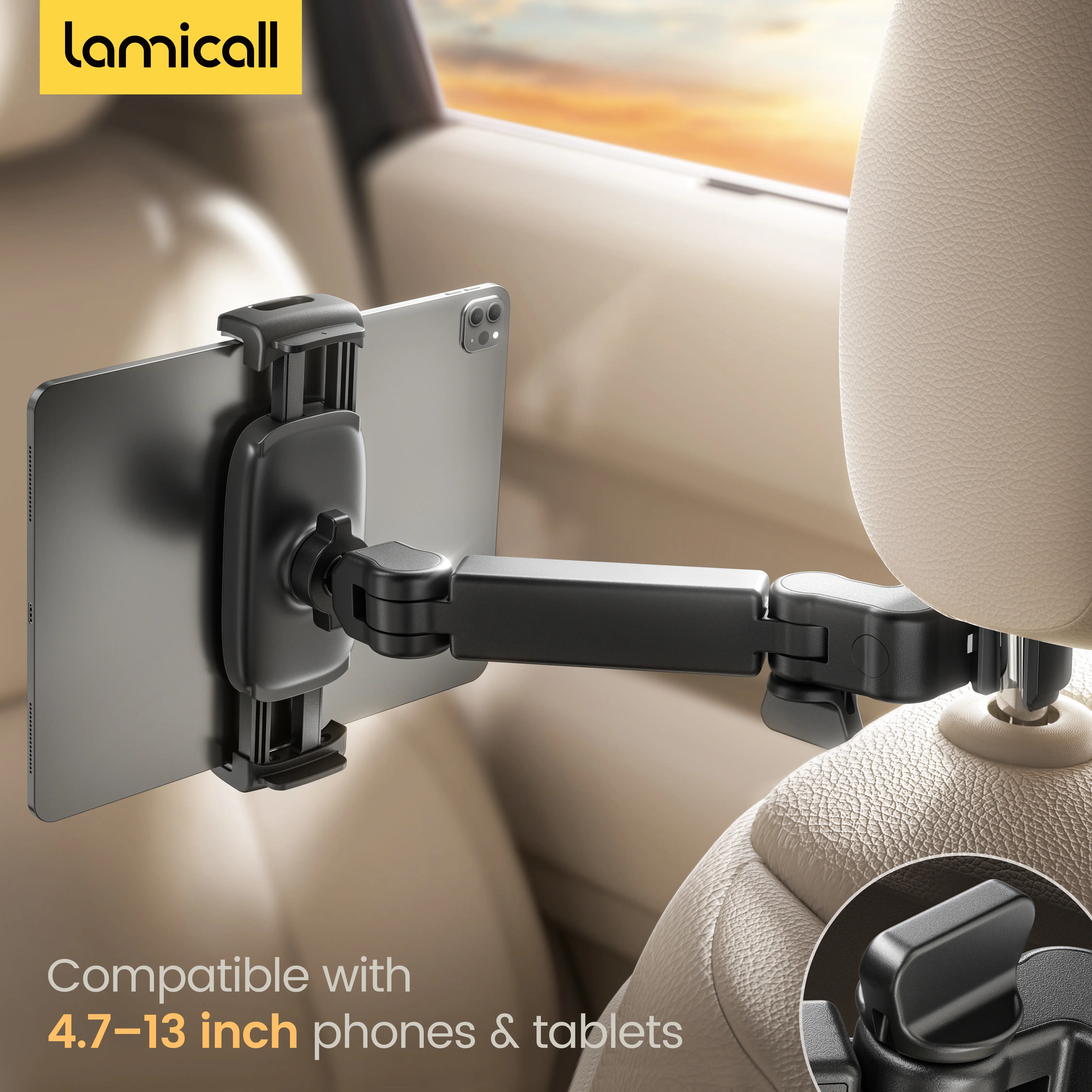 #tiktokshopstockup Lamicall Car Headrest Tablet & Phone Mount - 3-in-1 Adjustable Extension Arm Back Seat Holder, Auto Accessories, Fits 4.7-11" Devices (iPad, Galaxy, Fire HD), Road Trip Essential for Kids, Black, Car Phone Mount, Car Cellphone Mount