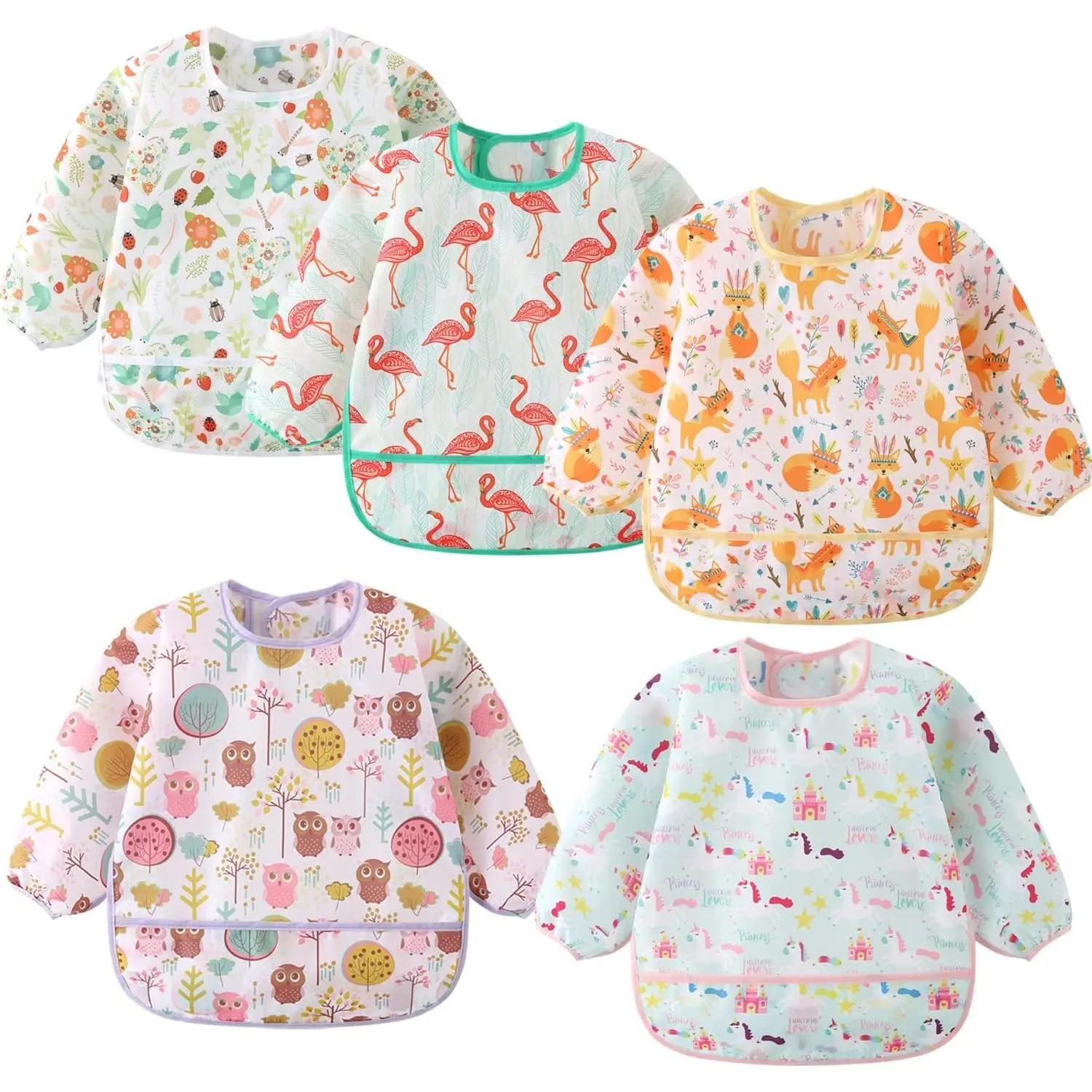 F-GCS05  5 Pack Long Sleeve Bib,Baby Toddler Waterproof Sleeved Bib for 6-30 Months Reusable with Catch-all Pocket