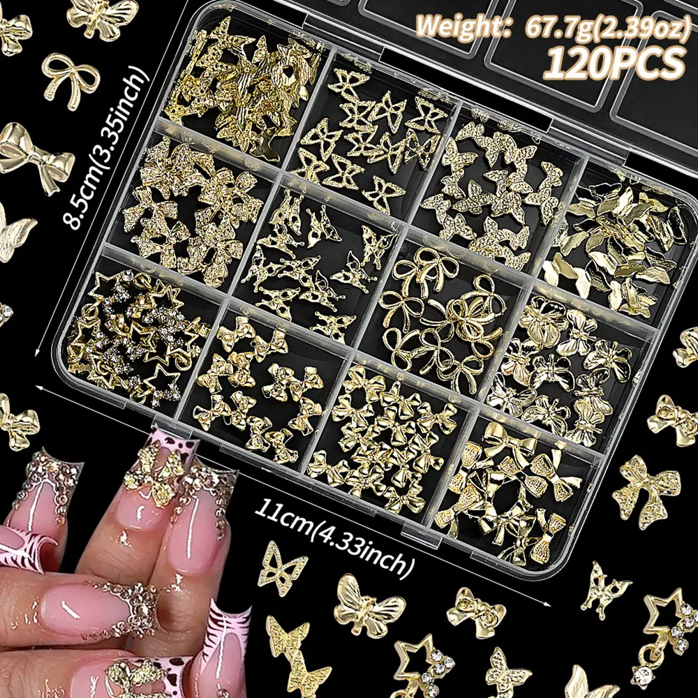 120pcs/box Bow Butterfly Nail Metal Charms 3D Gold Shiny Aolly Dangle Diamond Star Nail Jewelry Luxury Nail Art Supplies Decorations Multi Bowknot