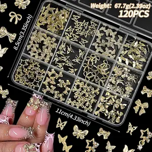 120pcs/box Bow Butterfly Nail Metal Charms 3D Gold Shiny Aolly Dangle Diamond Star Nail Jewelry Luxury Nail Art Supplies Decorations Multi Bowknot