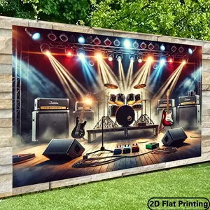 2D flat banner - Polyester photo background flag - Vibrant rock band stage scene (including amplifiers, drum equipment and guitars) - Suitable for indoor and outdoor parties, birthday celebrations, studio props and photo tapestry decoration