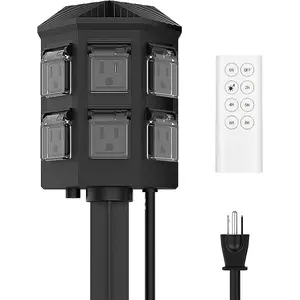 Outdoor Power Stake Timer, 100FT Remote Control, Dusk to  Christmas Light Timer, 6FT Extension Cord , 6 Grounded Outlets for Outdoor Christmas Decorations, ETL Listed