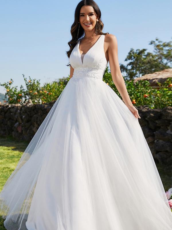 Ever-Pretty Sleeveless V-Neck Lace Tulle Long Dress – Backless Valentine dress Bride Wedding Dress and Bridesmaid Dress, Flowy and Slim Fit Gown for Summer Ceremony 01946