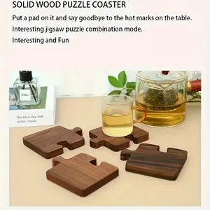 4pcs Wooden Puzzle Coaster Set, Vintage Walnut, Solid Wood, Tea Coasters, Puzzle Shaped, Insulating Mat for Drinks, Kitchen Tableware Gadget, Aesthetic