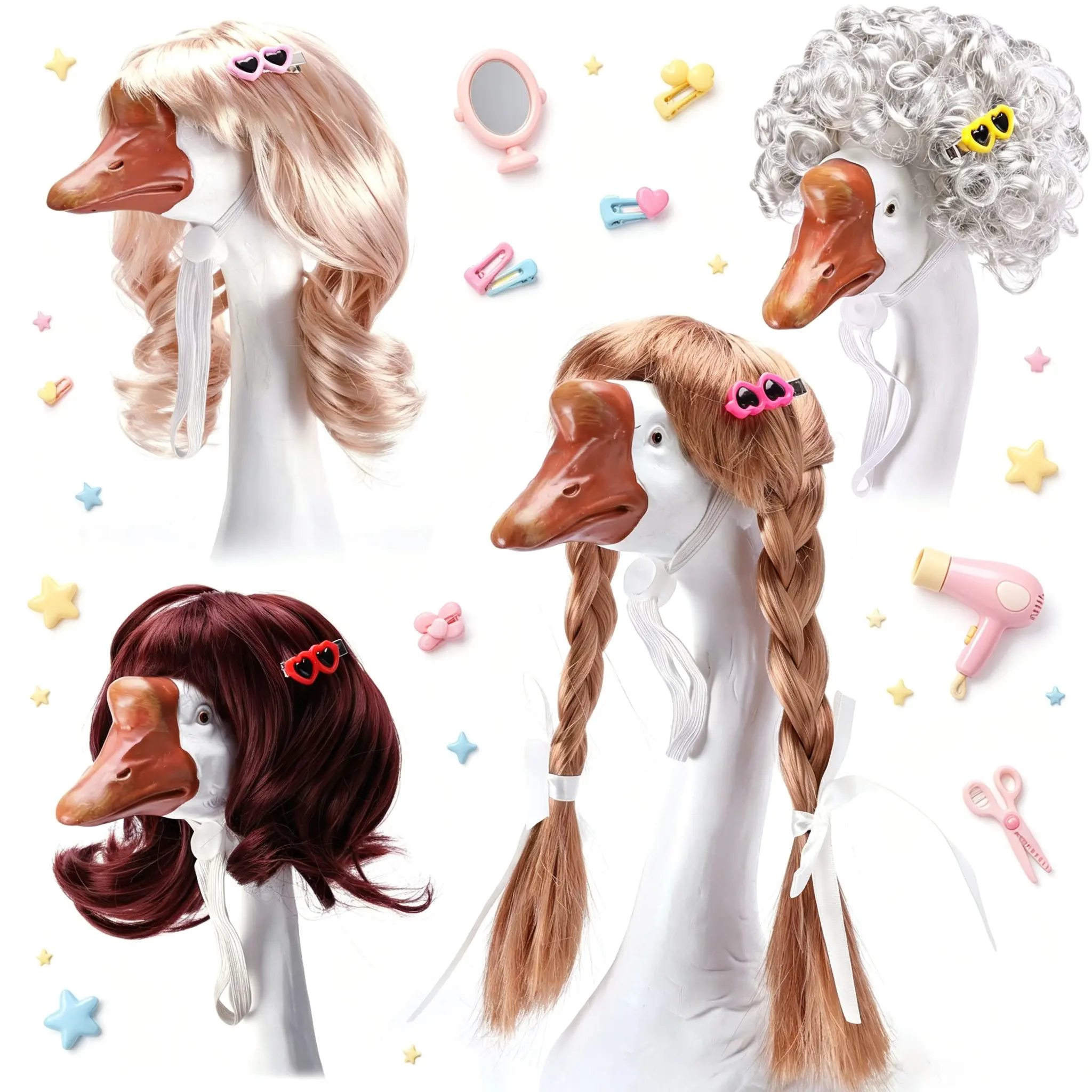 4 Pcs Porch Goose Braided Wigs with Hair Clips Goose Outfit for 23 Inch Porch Lawn Goose Statue, Cute Decorative Goose Hair Accessories, Outdoor Garden Patio Yard Holiday Dress Up Costume Decoration