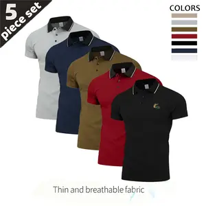 5 pack men’s summer polo shirts, men’s printed polo shirts, made from comfortable, breathable fabric. Black neckline with a white contrasting design, suitable for everyday business casual wear and commuting outfits.