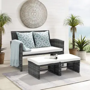 OC Orange-Casual Outdoor Loveseat Patio Furniture Rattan Conversation Set with Ottoman, White durable Cushions, Grey Wicker, Pillows Included, Free Taupe Covers Included,3pcs outdoor furniture sets