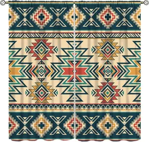 Aztec Curtains Vintage Rustic Southwestern Brown and Green Abstract Geometric Navajo Nation Tribal Window Treatments Rod Pocket Drapes for Kitchen Living Room Bedroom 42x44.5in（No Blackout）