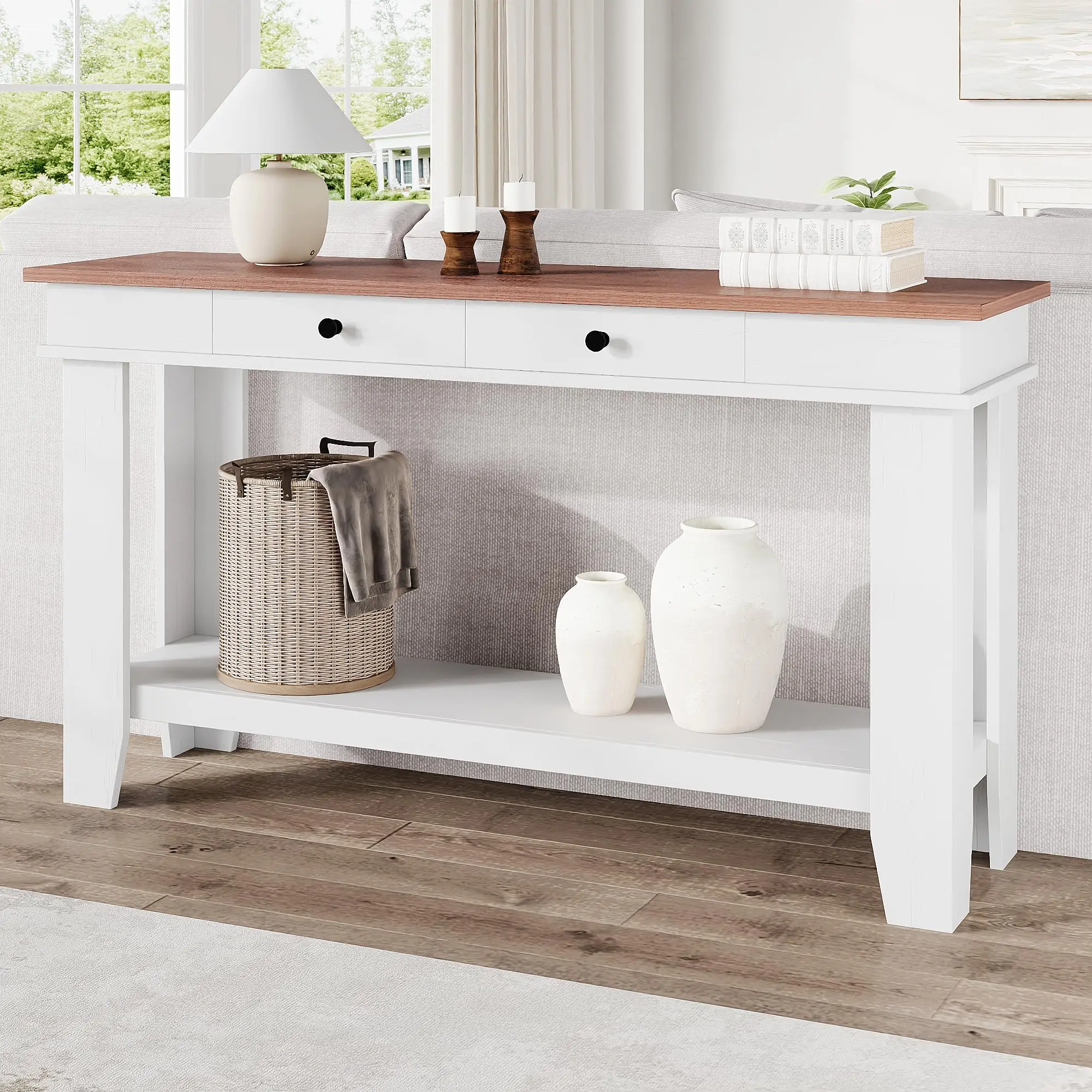 Console Table with Drawers, 54-Inch Long Wooden Rectangular Entryway Table With Open Storage Shelf, Sofa Table Behind Couch, Farmhouse Entry Foyer Table for Entryway, Living Room, Hallway