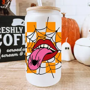 Spooky Vibes Checked Glass Cup With Lid and Straw 16oz Frosted Matte Finish Halloween Design Bamboo Lid Plastic Straw Cold Beverages Only