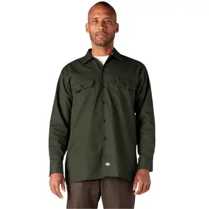 Dickies Men's Original Long-Sleeve Collared Woven Logo Work Shirt - Fitted, Plain, Generous Cut, Functional Placket, Olive Green Classic Fabric, Moisture-Wicking Finish, Pockets, for Autumn Casual Wear (Pairs with Pants)