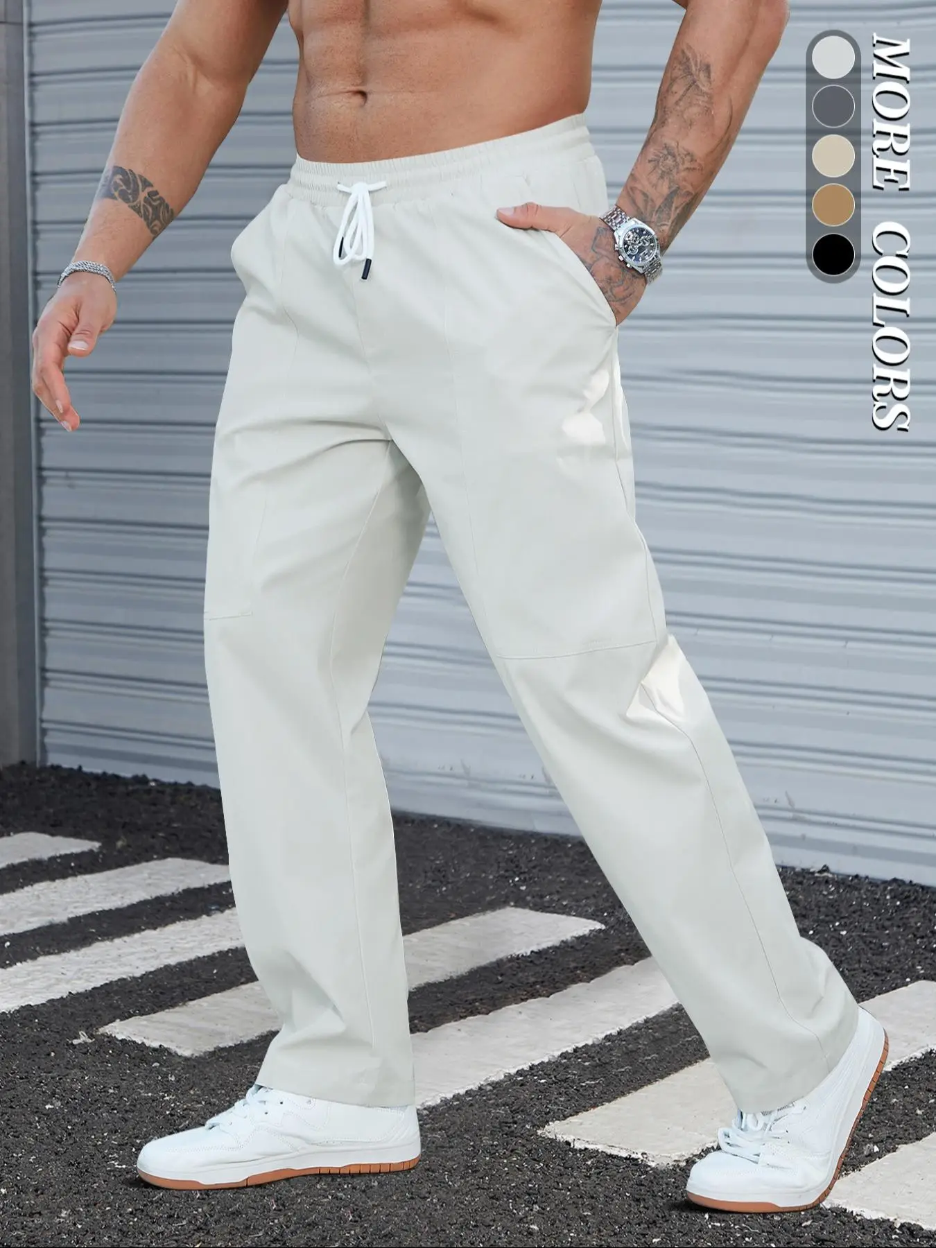 Men's Solid Pocket Adjustable Drawstring Waist Pants, Regular Fit Casual Basic Comfort Trousers for Summer Spring Fall, Men's Bottoms for Casual Daily