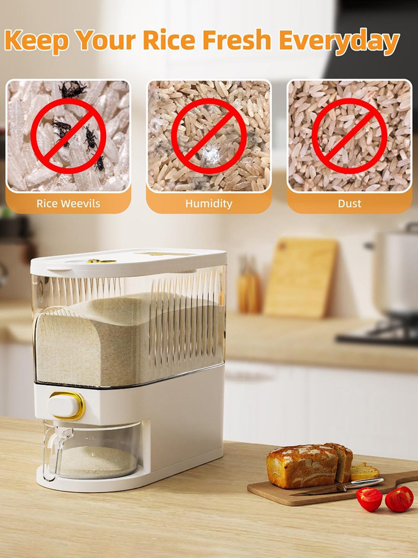 Mothers Day Gift 5kg 10kg Clear Rice Dispenser Large Cereal Container with Lid Time Scale Measuring Cup Moisture Proof Airtight Food Storage Bucket for Rice Corn Coffee Beans Grains Soybeans Oatmeal Home Kitchen Organizer