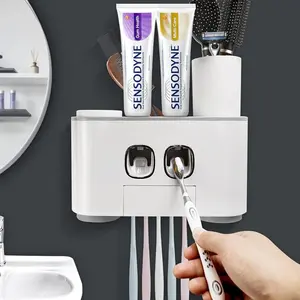 Toothbrush Holder Wall Mounted, Multi-Functional Toothbrush and Toothpaste Dispenserfor Bathroom, 2 Toothpaste Squeezers and 4Cups Set