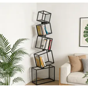 5-Tier Metal Geometric Bookshelf-ModernNarrow Floor Bookcase, Space-SavingOrganizer for Living Room, Bedroom, Office,Corner-Black