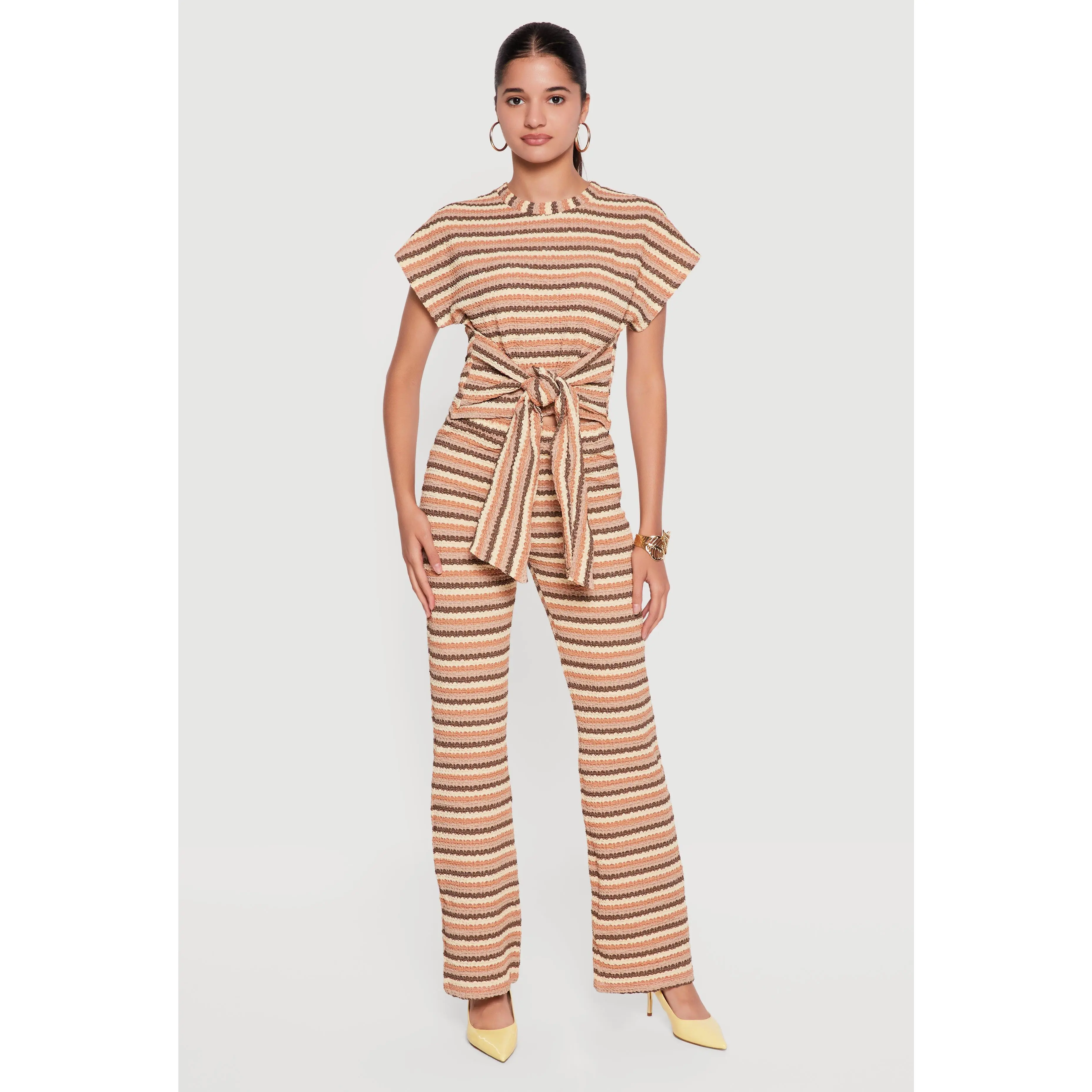 Striped Textured Knit Boot Cut Casual Pants
