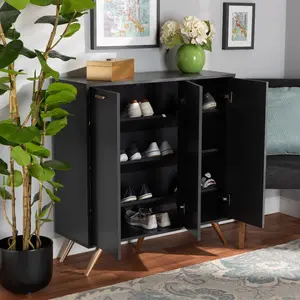 Baxton Studio Kelson Modern and Contemporary Dark Grey and Gold Finished Wood 3-Door Shoe Cabinet