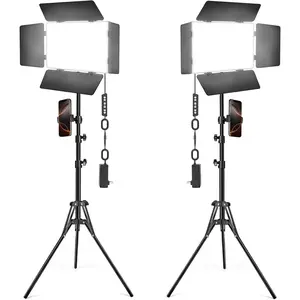 2 Pack LED Video Light Kit with Barn Door,  30W Photography Light Panel with Stand, 3000Lux 2500K-8500K Dimmable Studio Lights for Video Recording/Filming/Photoshoot /Live Streaming