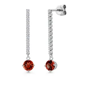 14K White Gold Red Garnet and White Lab Grown Diamond Long Liner Dangle Earrings for Women | 1.46 Cttw | Gemstone January Birthstone | Round 5MM | White Gold Chain Drop Earrings