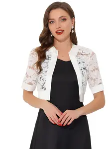 INSPIRE CHIC Bolero Shrug Satin Panel Short Sleeve Lace Cardigan