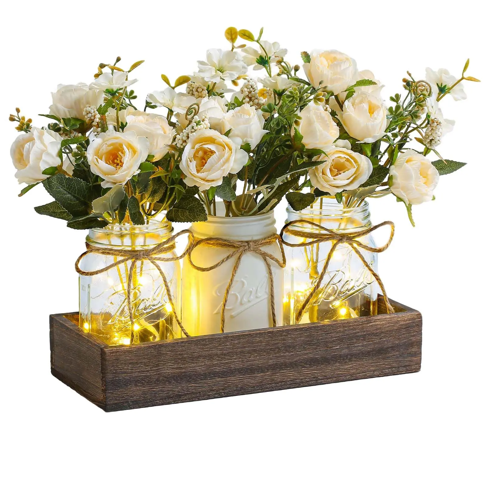 GARVEE Set of 3 White Silk Artificial Roses with LED Lights in Wooden Box - Artificial Flowers with Vase - for Home/Office Decoration, Table Decor, Valentine's Day, Weddings, Parties
