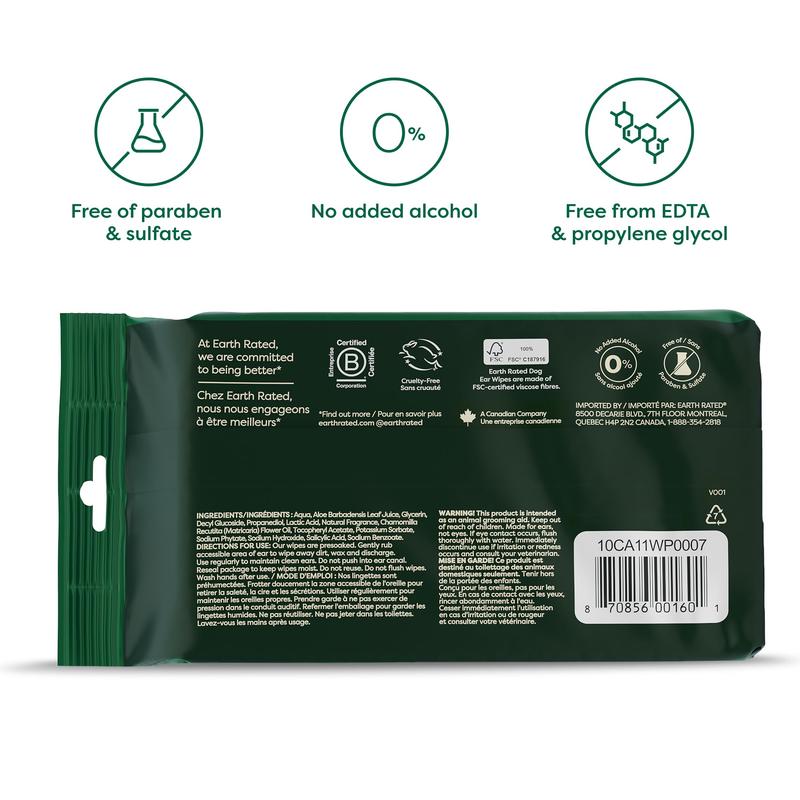 Earth Rated | Dog Ear Wipes Oatmeal Scented Hypoallergenic Plant Based 60 Count for Grooming, Removal of Dirt, Wax Build Up with Calming Aloe Vera Chamomile