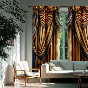 Luxurious Gold Blue Color Block Fringe Curtains, Vintage Royal Style, Bedroom Living Room Decor, Durable Polyester, Privacy & Light Control, Tassel Decor Curtain