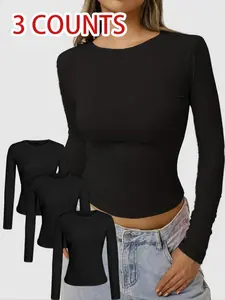 Women's Solid Round Neck Long Sleeve Tee, Casual Comfy T-shirt for Daily Wear, Ladies Clothes for All Seasons